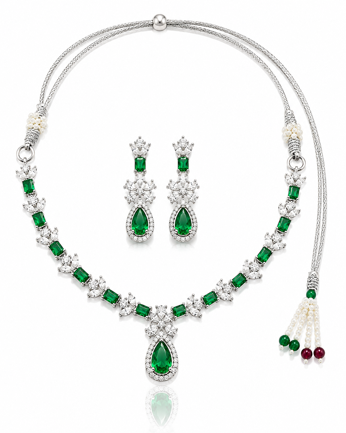 Silver-Toned Emerald Green Statement Necklace & Earring Set