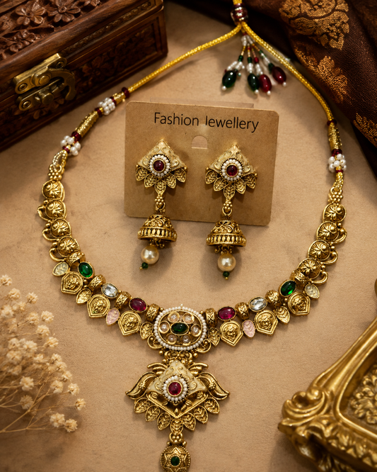 Heritage Multicolor Kundan Necklace & Jhumka Set