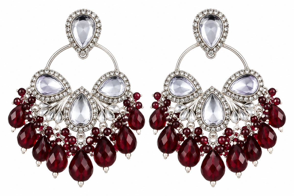 Premium Silver-Toned Burgundy Crystal Chandelier Statement Earrings