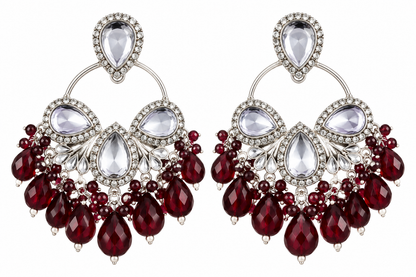 Premium Silver-Toned Burgundy Crystal Chandelier Statement Earrings