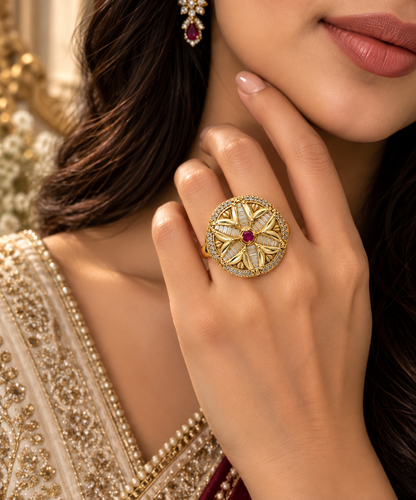 Premium Gold-Toned Ruby Floral Statement Ring