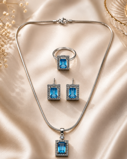 Elegant Aqua Blue Silver-Toned Pendant Set