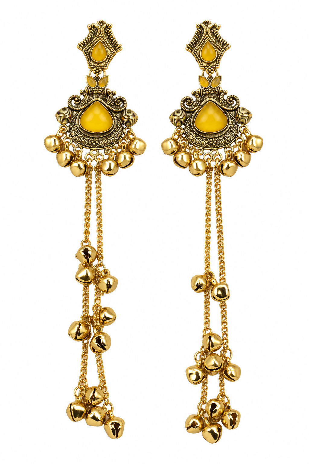 Premium Gold-Toned Yellow Stone Long Chain Jhumka Earrings