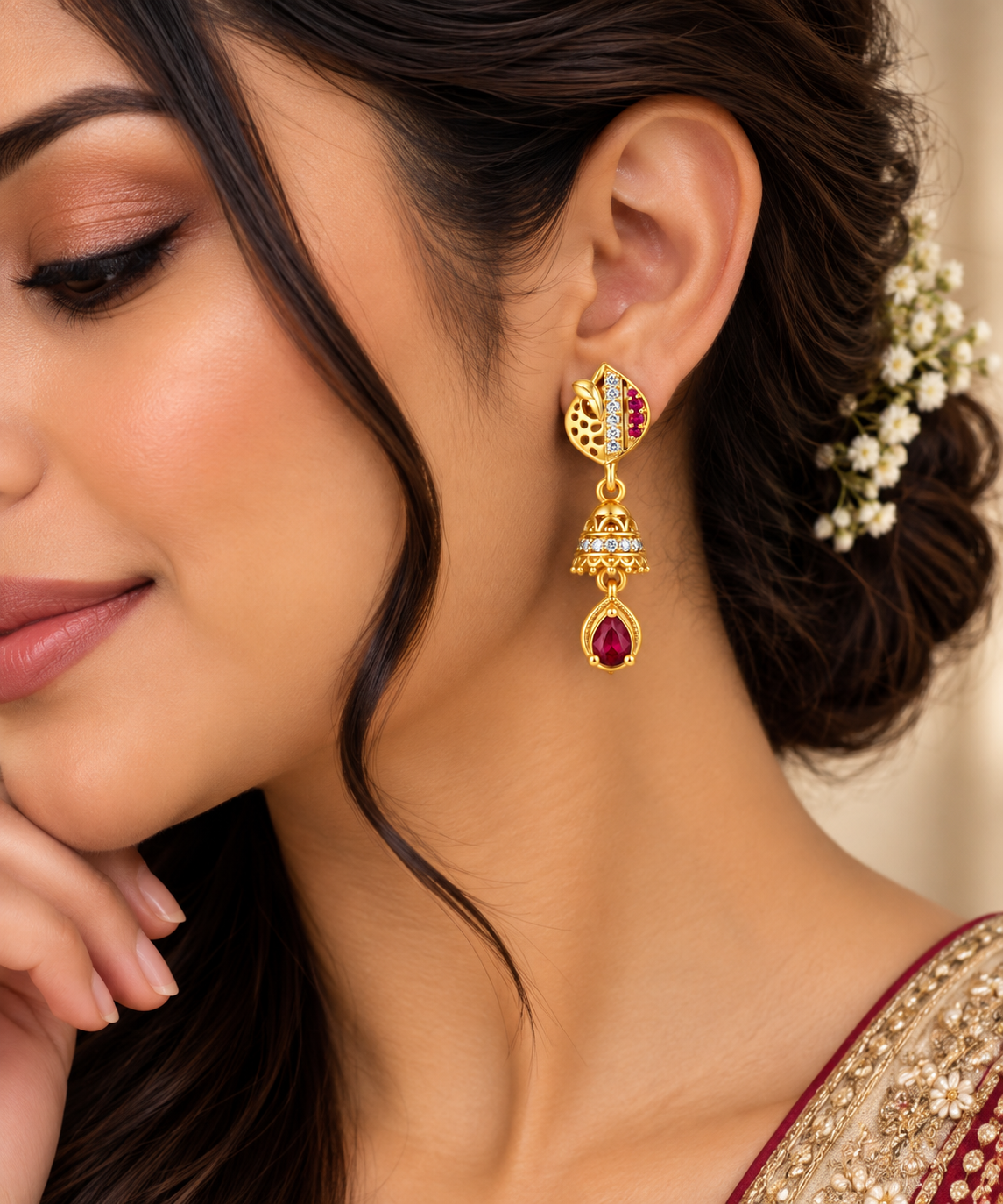 Gold-Toned Ruby Jhumka Drop Earrings