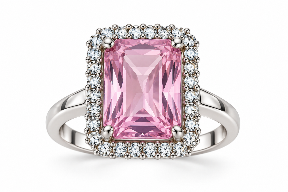 Rose Pink Rectangular Halo Statement Ring
