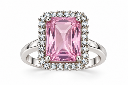 Rose Pink Rectangular Halo Statement Ring