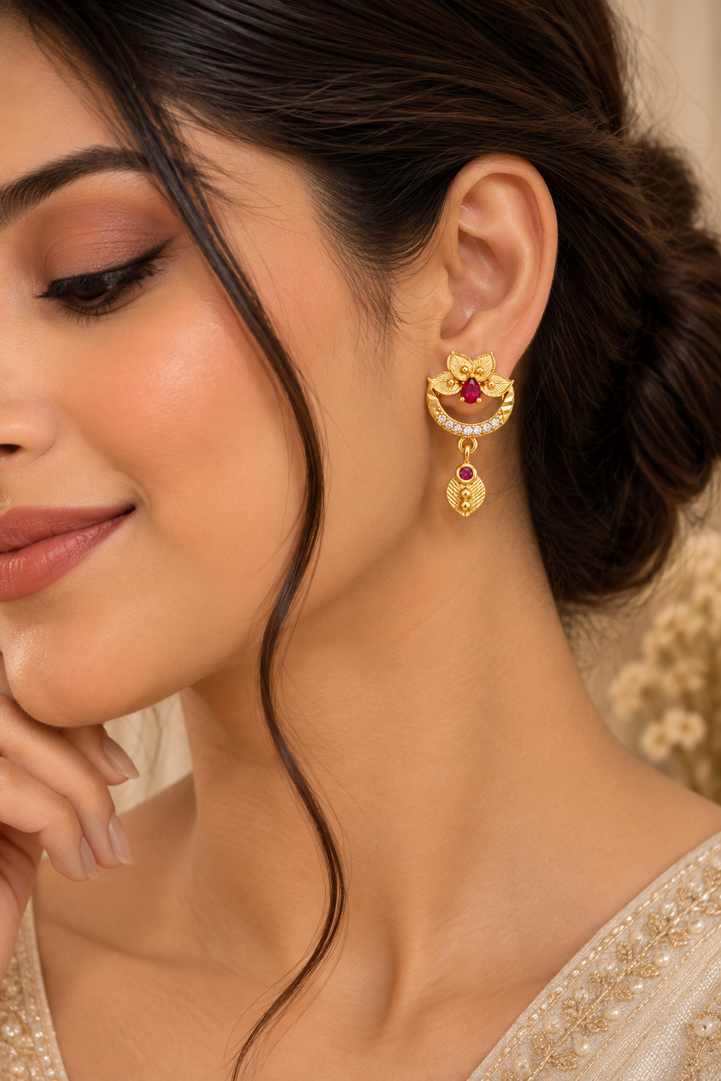 Premium Gold-Toned Floral Crescent Drop Earrings