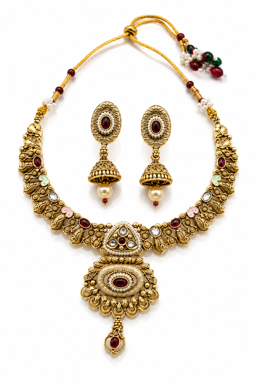 Antique Multicolor Temple Necklace & Jhumka Set
