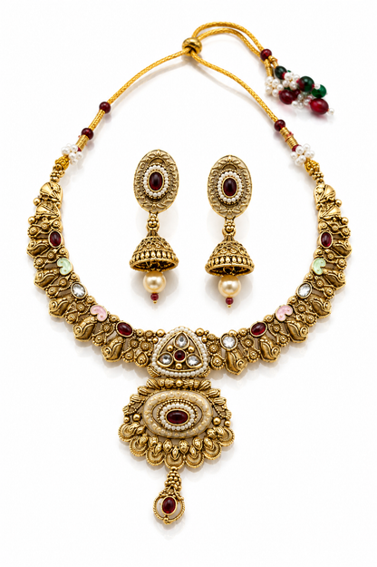 Antique Multicolor Temple Necklace & Jhumka Set
