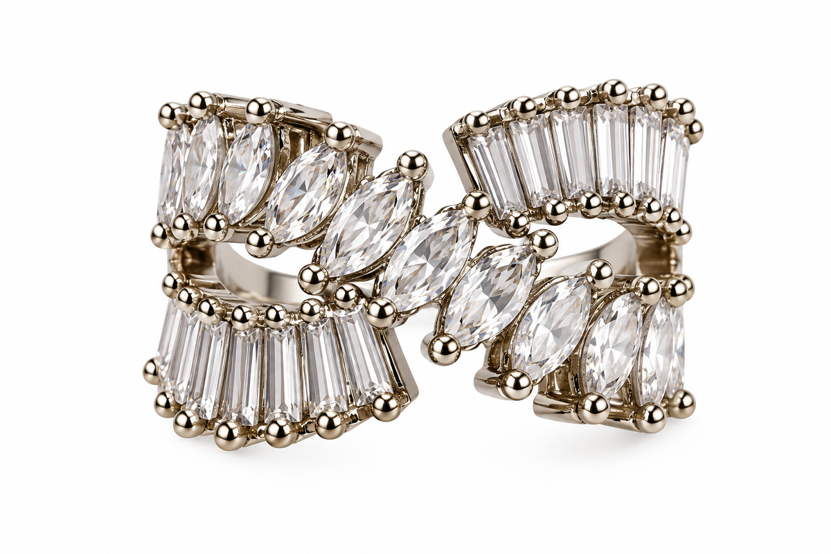 Silver-Toned Crystal Bow Statement Ring