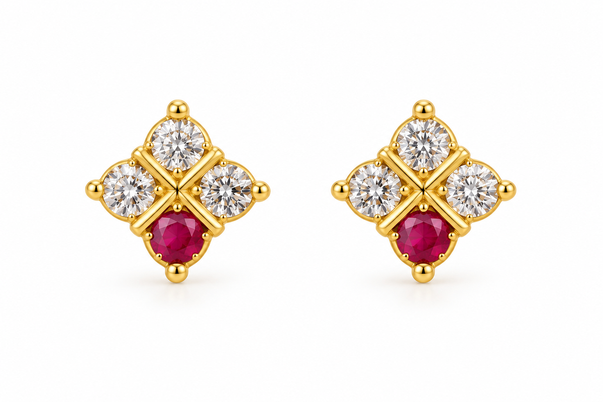 Premium Ruby & Crystal Gold-Plated Floral Stud Earrings
