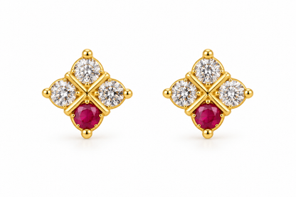 Premium Ruby & Crystal Gold-Plated Floral Stud Earrings