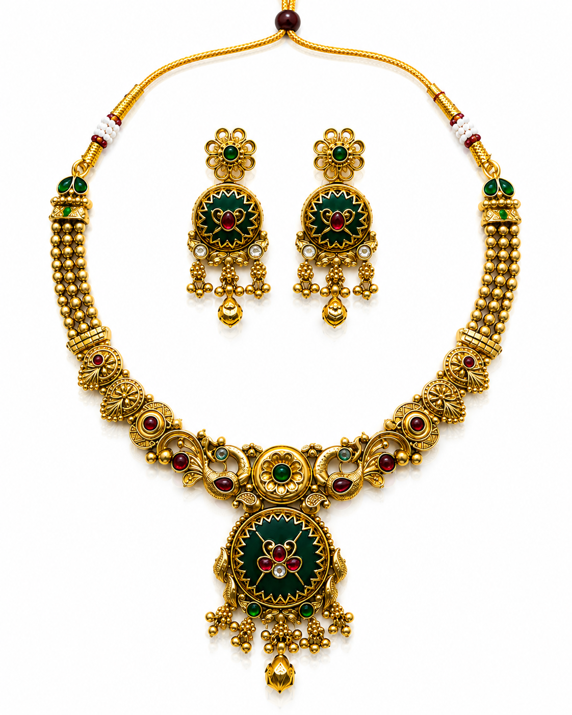 Heritage Emerald & Ruby Temple Necklace & Jhumka Set