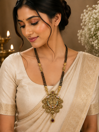 Antique Gold-Toned Peacock-Inspired Black Beaded Mangalsutra