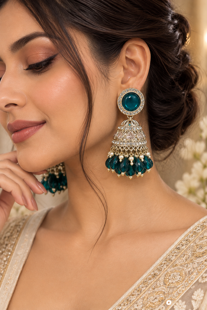 Premium Gold-Toned Teal Stone Jhumka Earrings