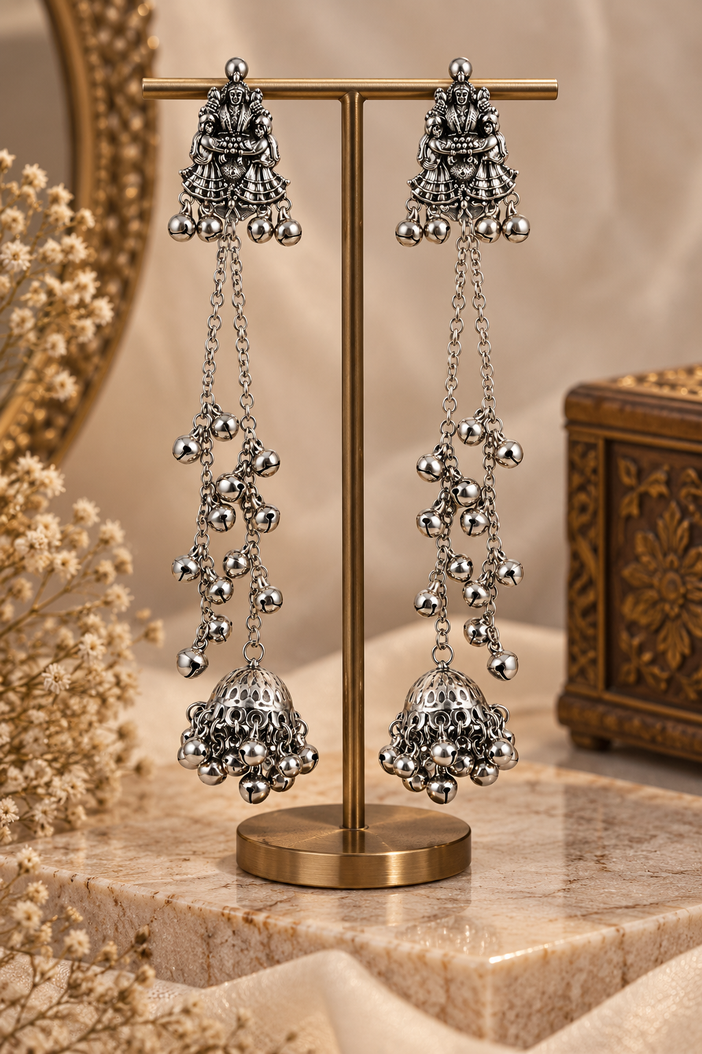 Premium Oxidized Silver Long Chain Jhumka Earrings with Traditional Bell Embellishments