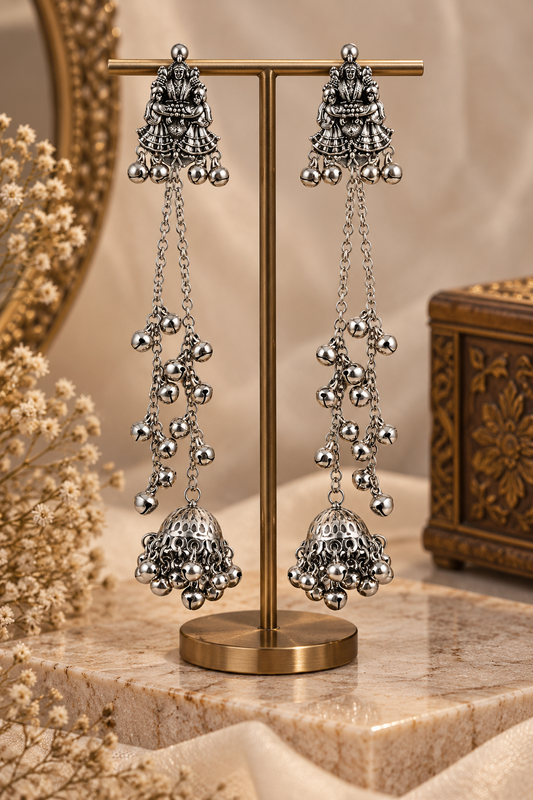 Premium Oxidized Silver Long Chain Jhumka Earrings with Traditional Bell Embellishments