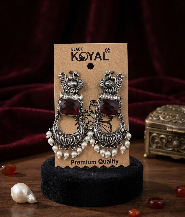 Premium Black Koyal Oxidized Silver Peacock Chandbali Earrings