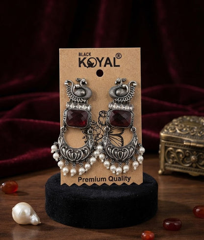 Premium Black Koyal Oxidized Silver Peacock Chandbali Earrings