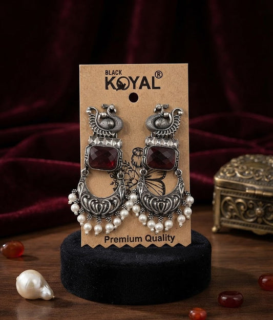 Premium Black Koyal Oxidized Silver Peacock Chandbali Earrings