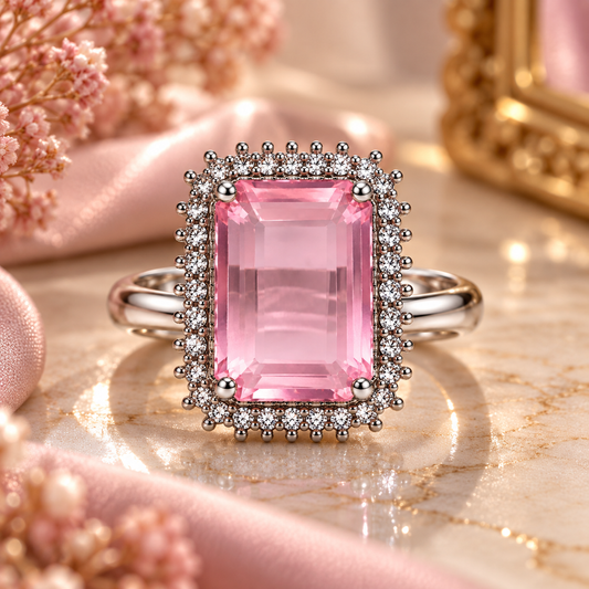 Silver-Toned Pink Rectangle Statement Ring