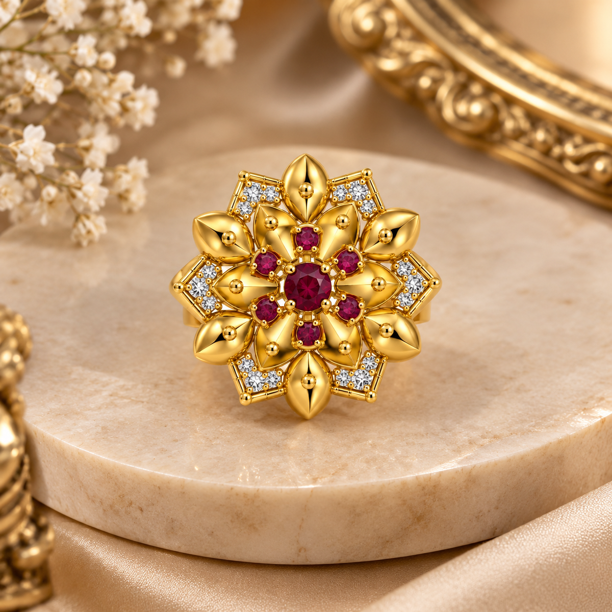 Premium Gold-Toned Floral Ruby Ring