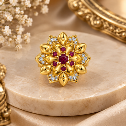 Premium Gold-Toned Floral Ruby Ring
