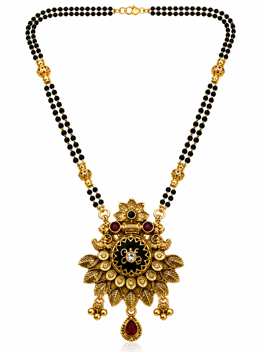 Antique Gold-Toned Black Beaded Floral Mangalsutra