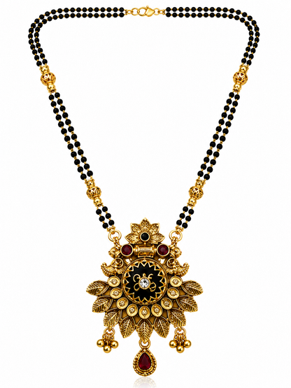Antique Gold-Toned Black Beaded Floral Mangalsutra