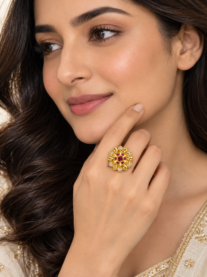 Premium Gold-Toned Floral Ruby Ring