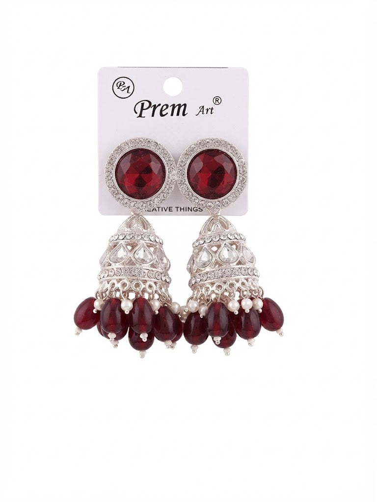 Premium Maroon Crystal Jhumka Earrings