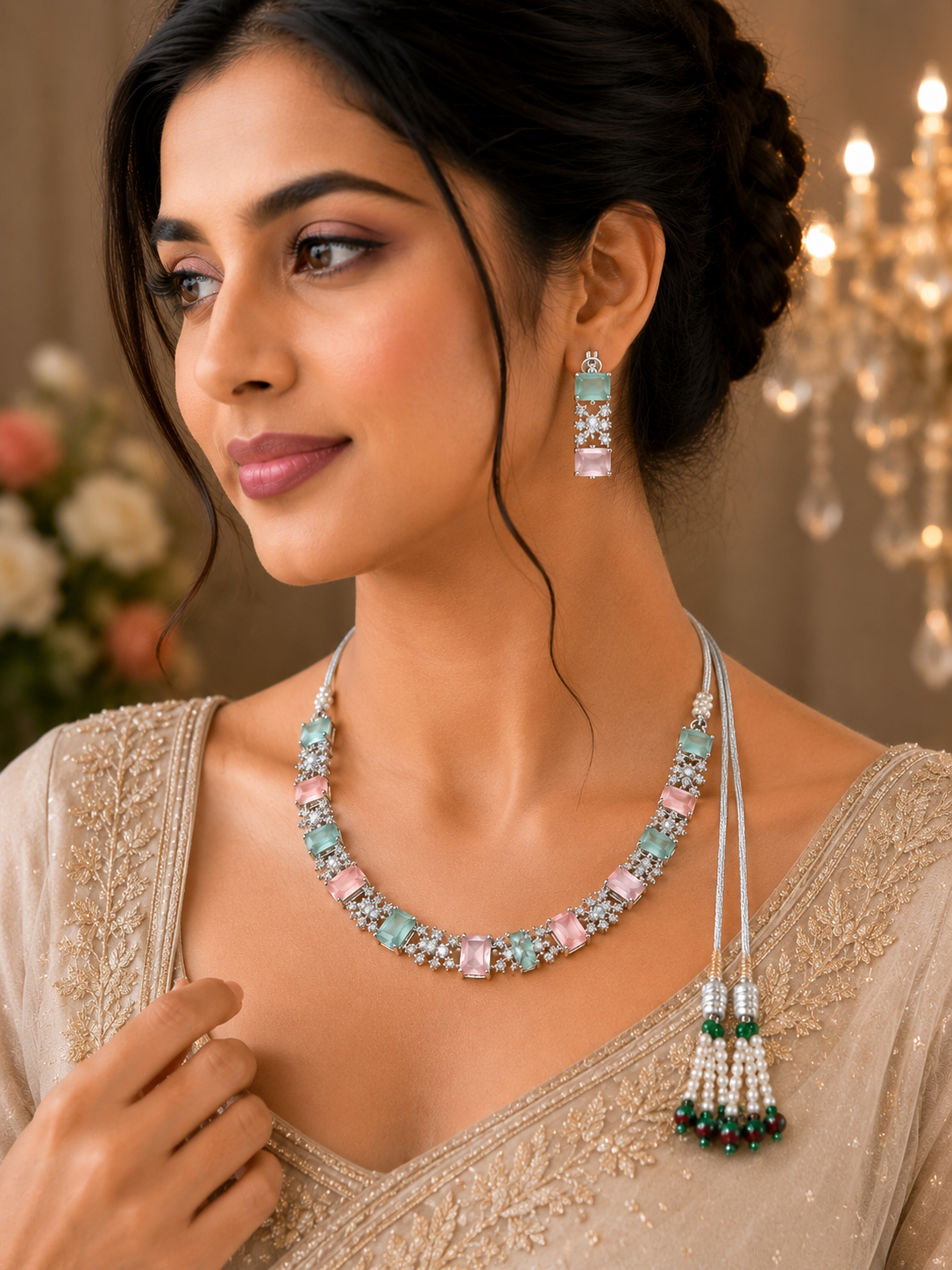 Silver-Toned Aqua Green & Blush Pink Stone Necklace Set