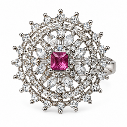 Silver-Toned Pink Stone Statement Ring