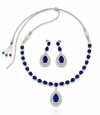 Silver-Toned Sapphire Blue Crystal Necklace & Earring Set