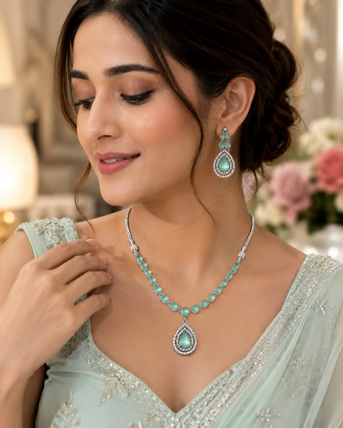 Silver-Toned Mint Green Crystal Necklace & Earring Set