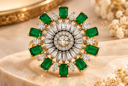 Emerald Green Floral Sunburst Statement Ring
