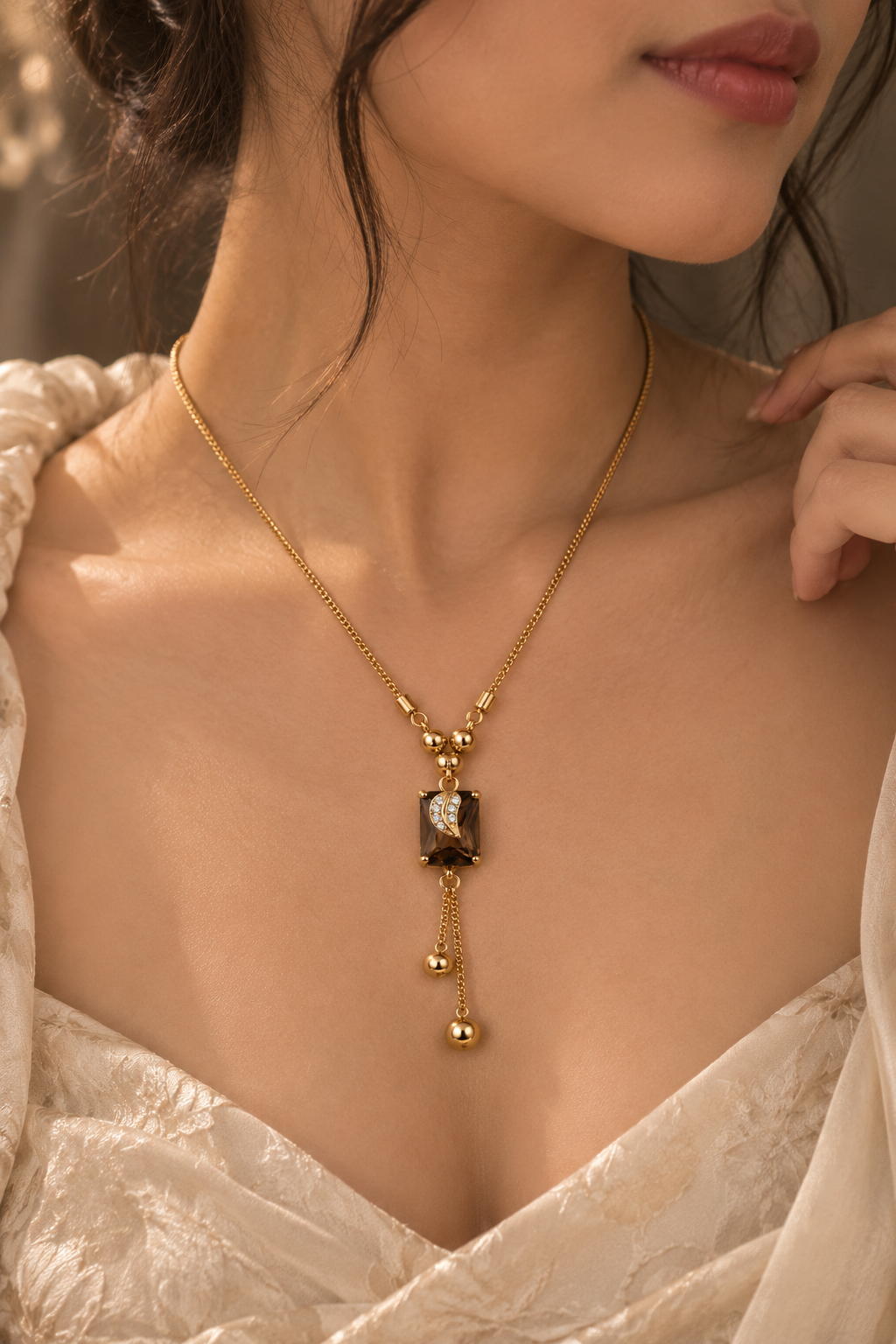 Gold-Toned Smoky Brown Pendant Necklace