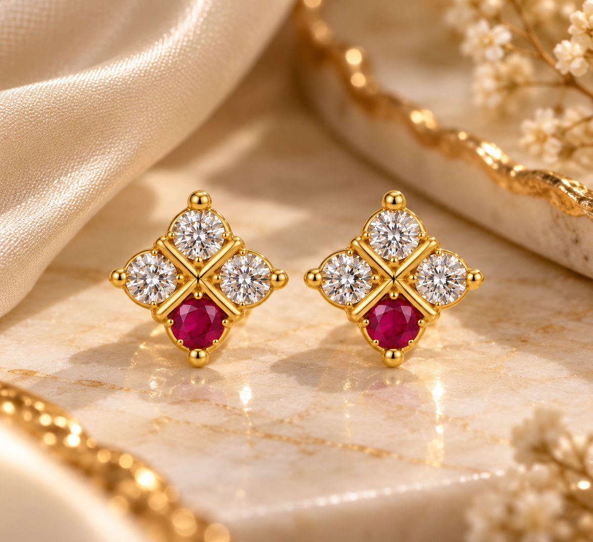 Premium Ruby & Crystal Gold-Plated Floral Stud Earrings