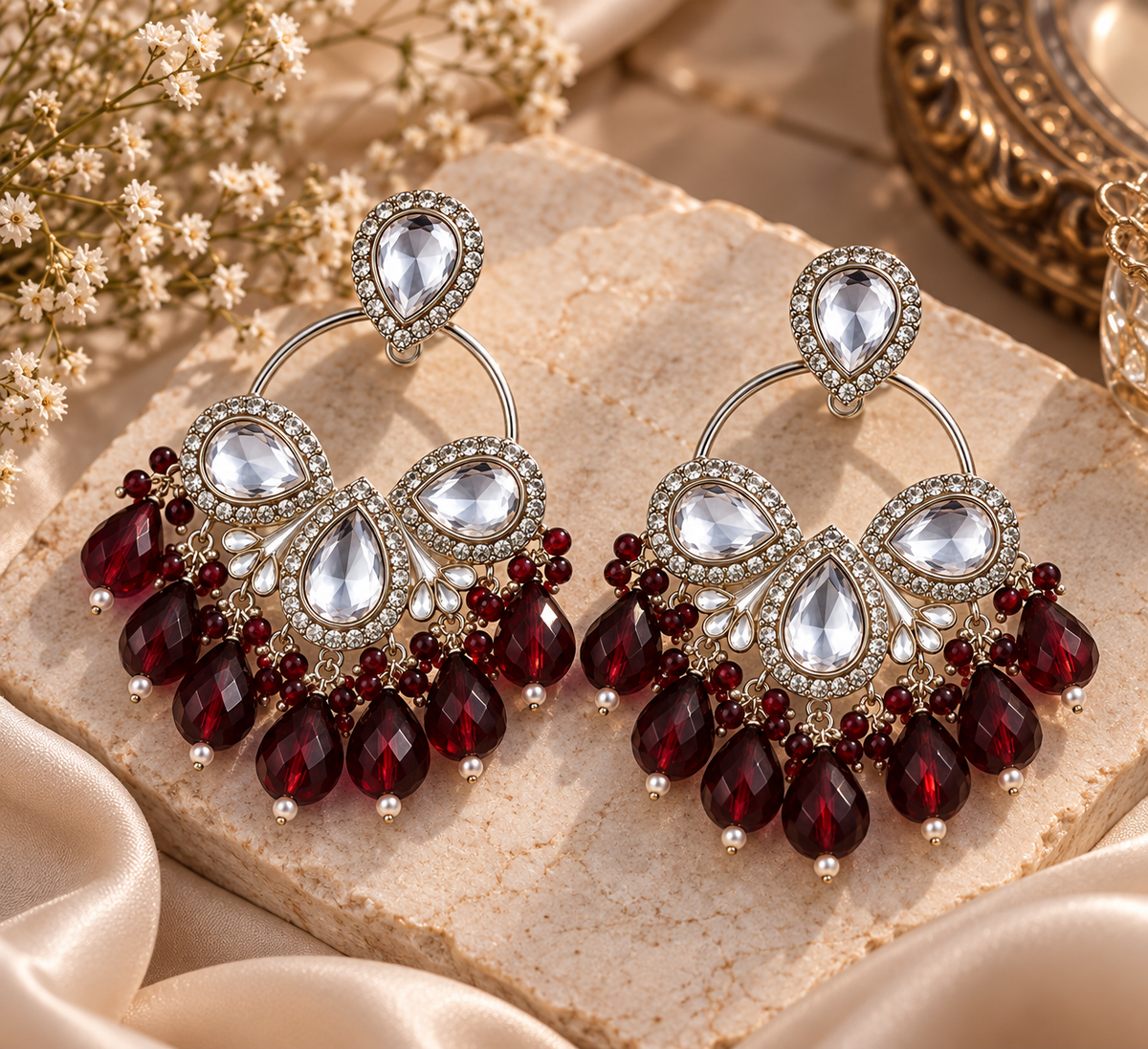 Premium Silver-Toned Crystal & Burgundy Chandelier Statement Earrings