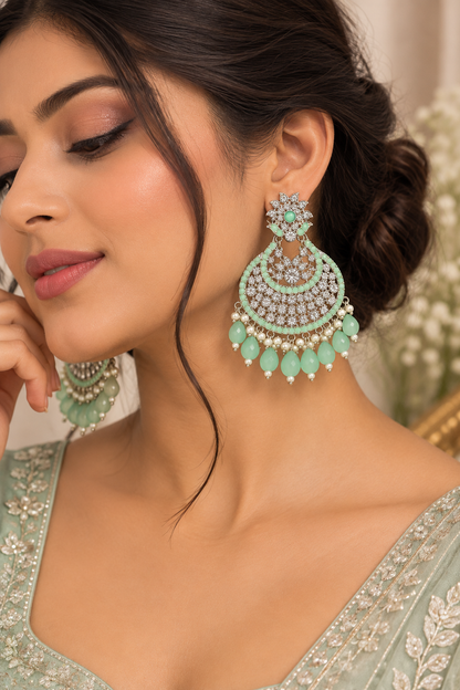 Premium Mint Green & Silver Chandbali Statement Earrings