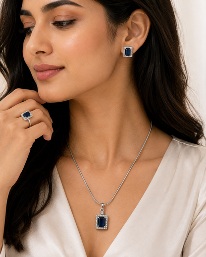 Elegant Midnight Blue Silver-Toned Pendant Set