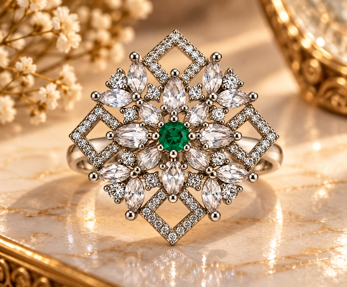 Silver-Toned Emerald Floral Geometric Statement Ring