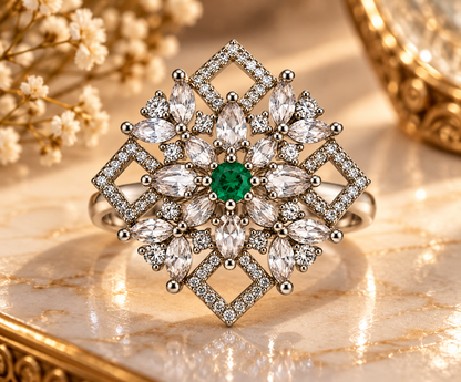 Silver-Toned Emerald Floral Geometric Statement Ring