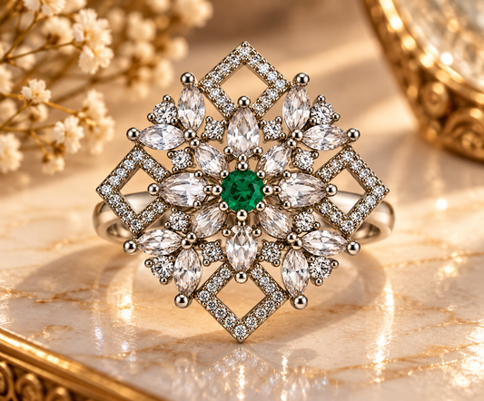 Silver-Toned Emerald Floral Geometric Statement Ring