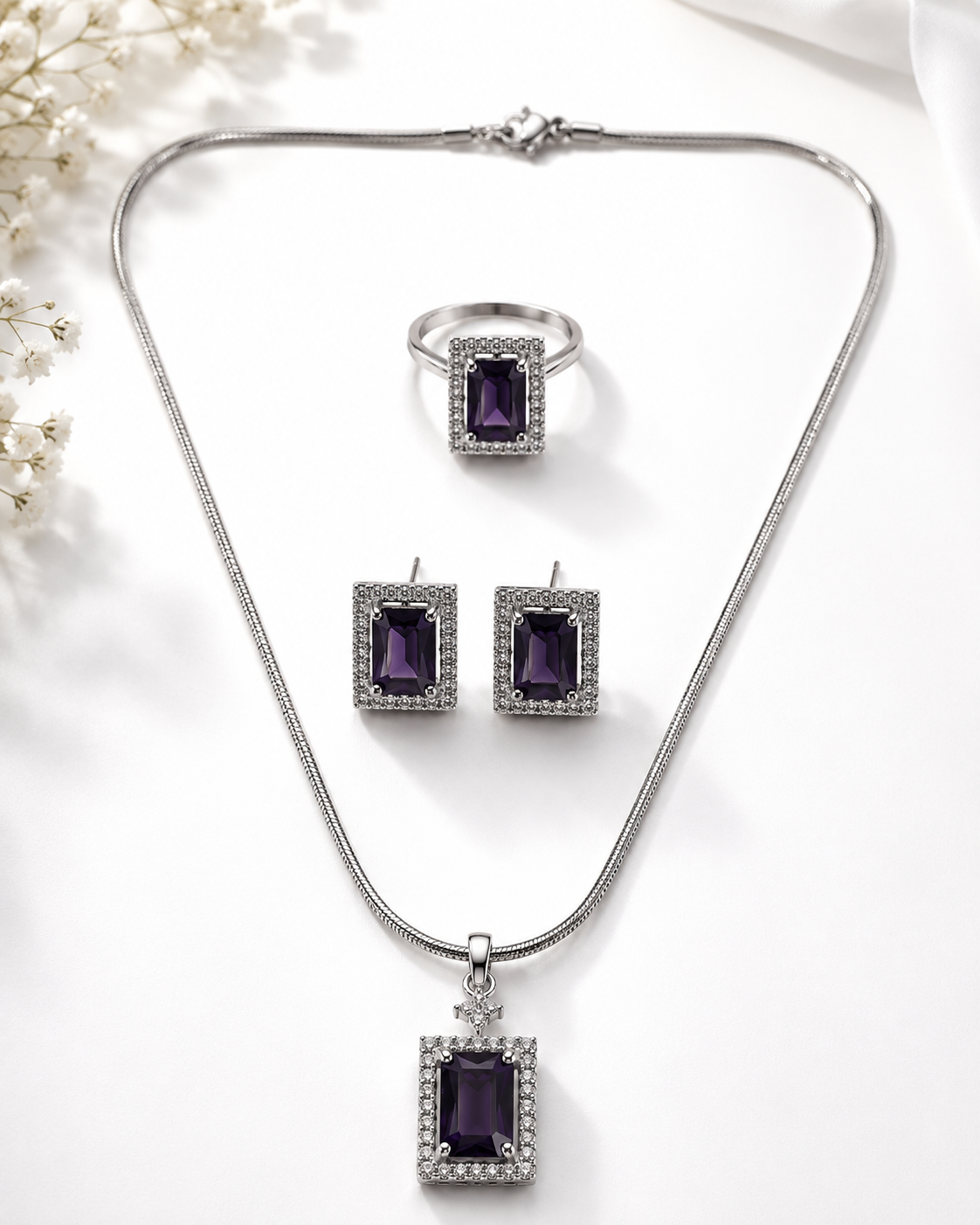 Amethyst Purple Silver-Toned Pendant Set