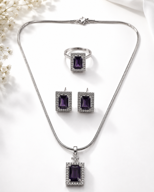 Amethyst Purple Silver-Toned Pendant Set