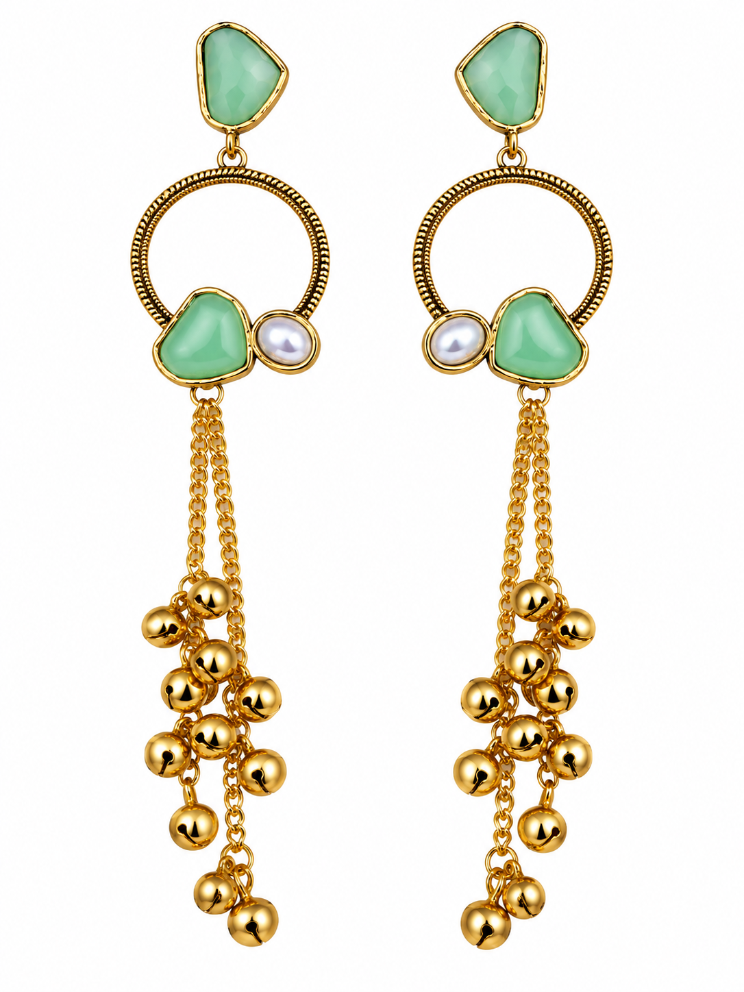 Premium Gold-Toned Mint Green Stone Long Chain Chandelier Earrings
