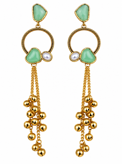 Premium Gold-Toned Mint Green Stone Long Chain Chandelier Earrings