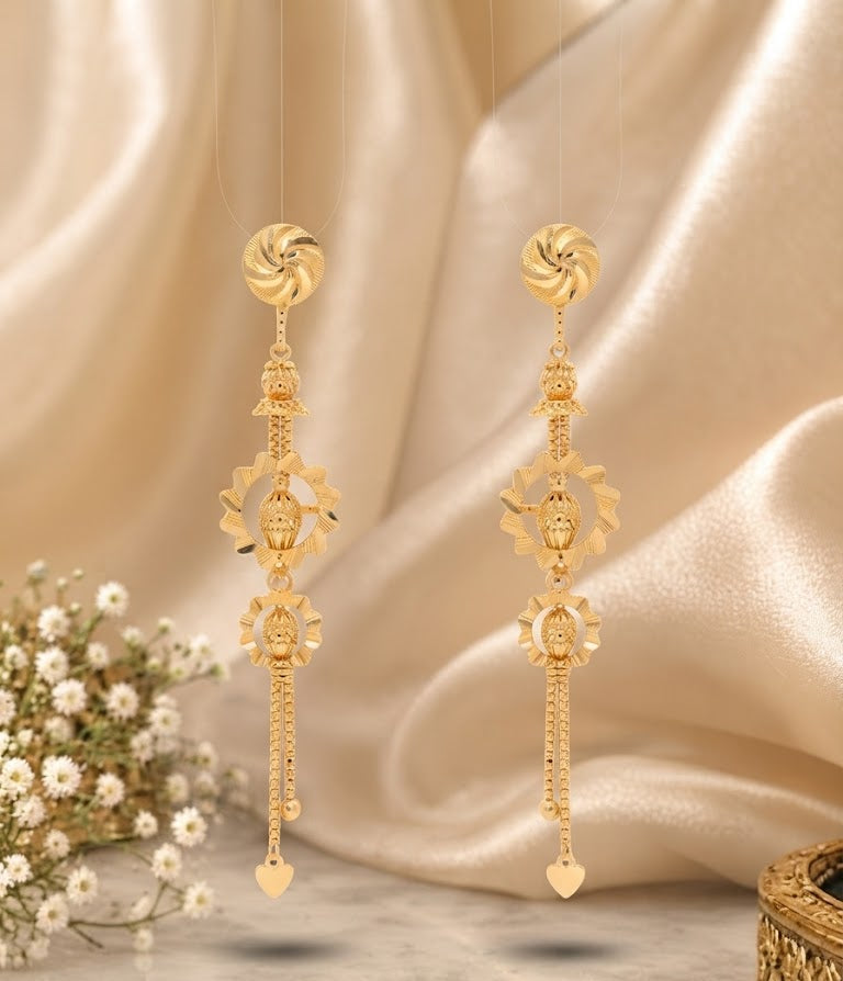 Premium Gold-Toned Floral Medallion Chain Drop Earrings
