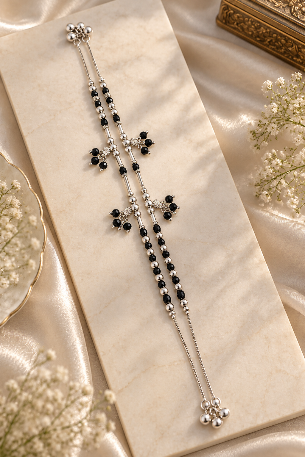 Elegant Silver-Toned Double-Strand Payal with Beaded Charms
